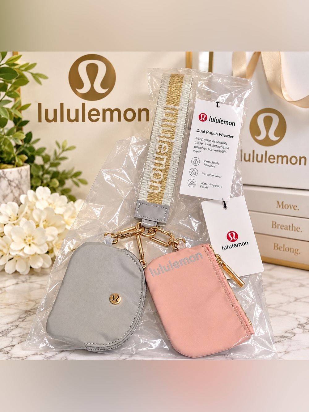 NWT Lululemon Dual Pouch Wristlet – Vapor / Gold / White Metallic Wordmark